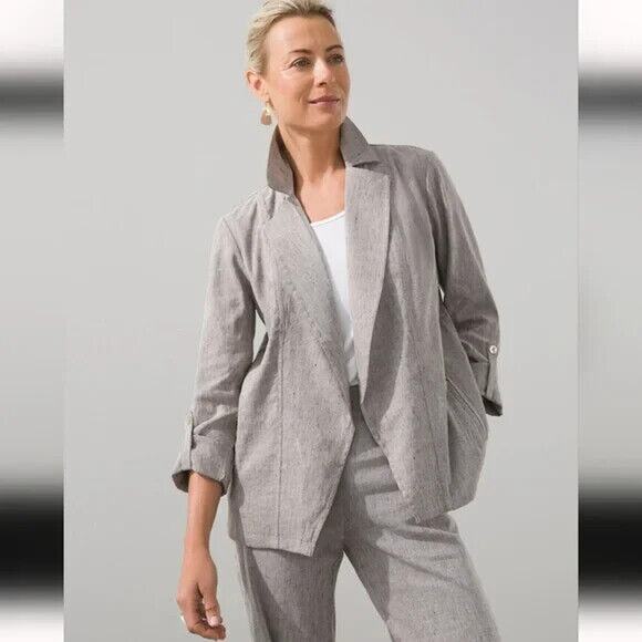 NWT CHICO'S L/S Linen-Blend Stretch Moto Jacket in Espresso - Picture 2 of 12